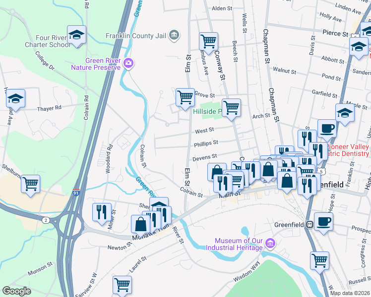 map of restaurants, bars, coffee shops, grocery stores, and more near 42 Elm Street in Greenfield