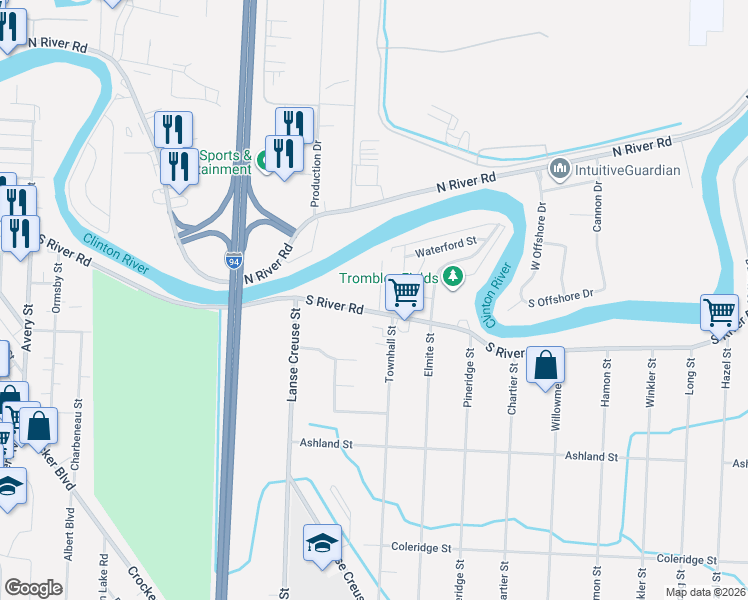 map of restaurants, bars, coffee shops, grocery stores, and more near 39493 Harrison Bay Court in Harrison charter Township