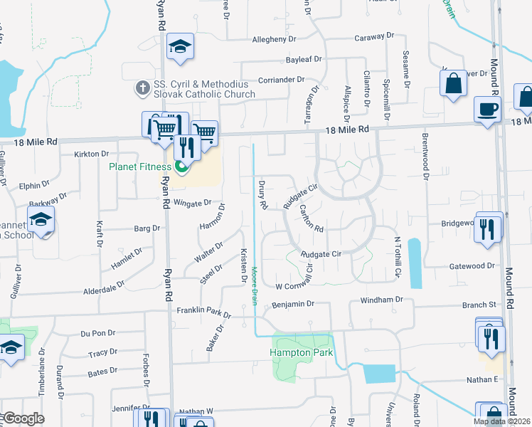 map of restaurants, bars, coffee shops, grocery stores, and more near 40083 Canvey Court in Sterling Heights
