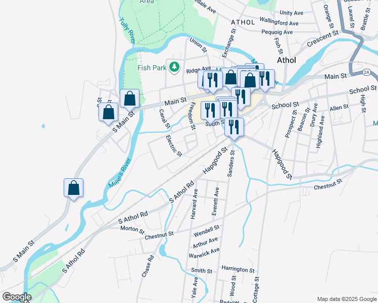 map of restaurants, bars, coffee shops, grocery stores, and more near 151 Harrison Street in Athol