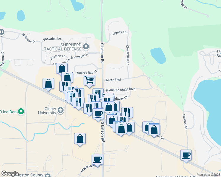 map of restaurants, bars, coffee shops, grocery stores, and more near 4095 Kirkway Court in Howell