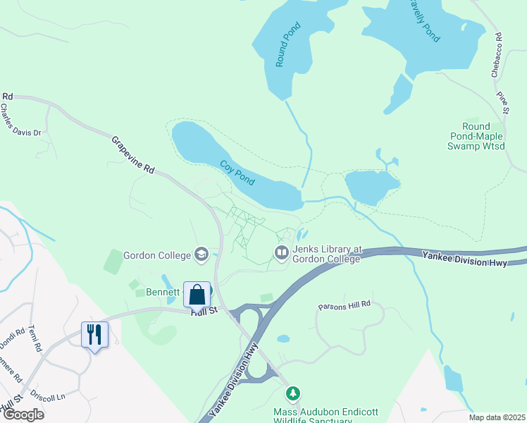map of restaurants, bars, coffee shops, grocery stores, and more near 255 Grapevine Road in Wenham