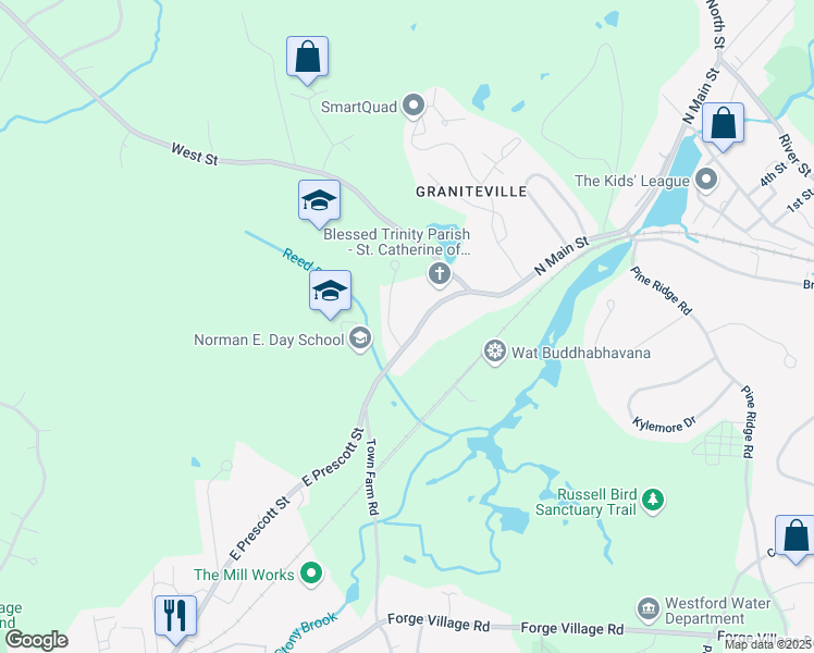 map of restaurants, bars, coffee shops, grocery stores, and more near 115 North Main Street in Westford