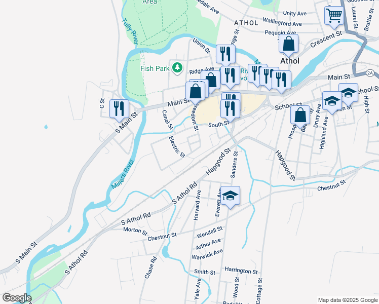 map of restaurants, bars, coffee shops, grocery stores, and more near 151 Harrison Street in Athol