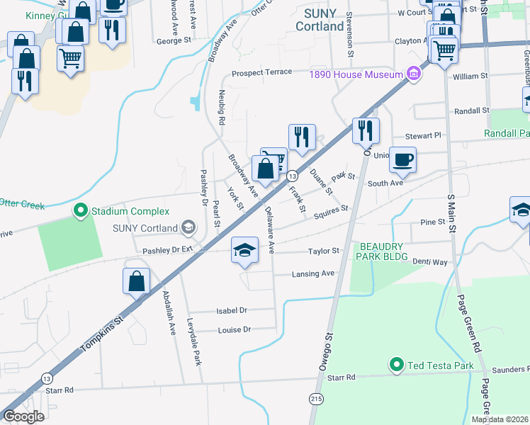 map of restaurants, bars, coffee shops, grocery stores, and more near 162 New York 13 in Cortland