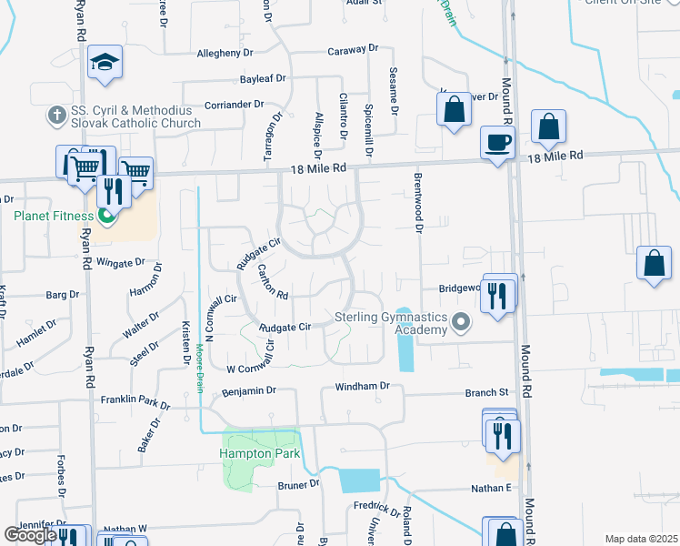 map of restaurants, bars, coffee shops, grocery stores, and more near 4942 Rudgate Boulevard in Sterling Heights