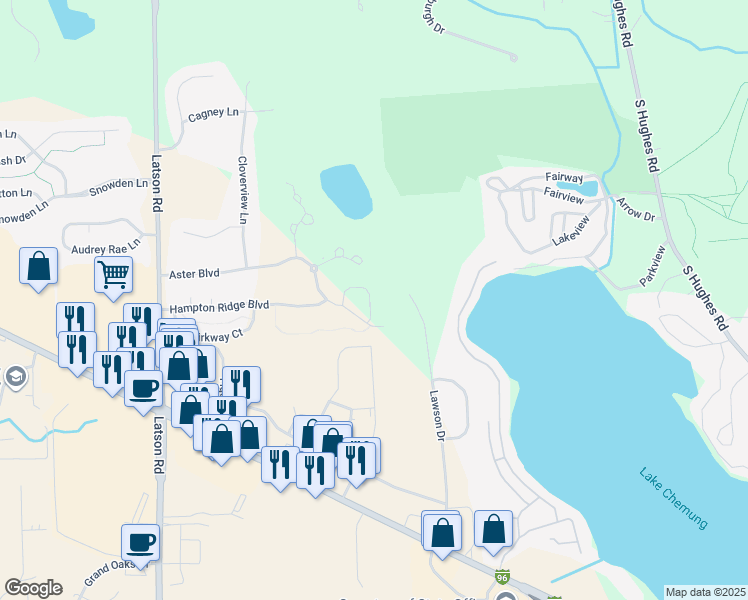 map of restaurants, bars, coffee shops, grocery stores, and more near 4602 Willow View Court in Howell