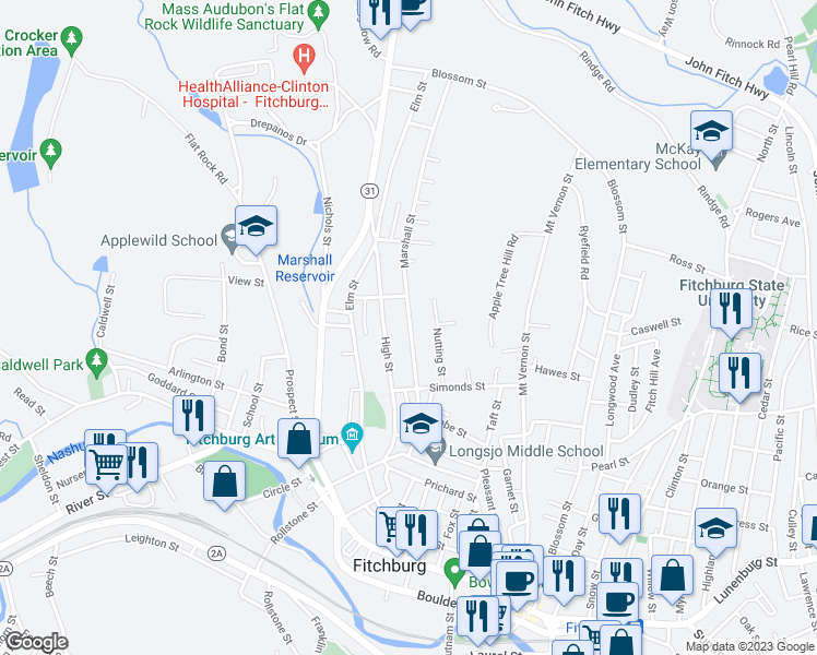 map of restaurants, bars, coffee shops, grocery stores, and more near 88 Marshall Street in Fitchburg