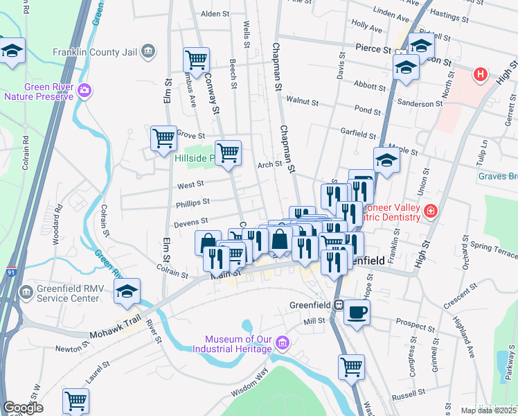 map of restaurants, bars, coffee shops, grocery stores, and more near 72 Wells Street in Greenfield