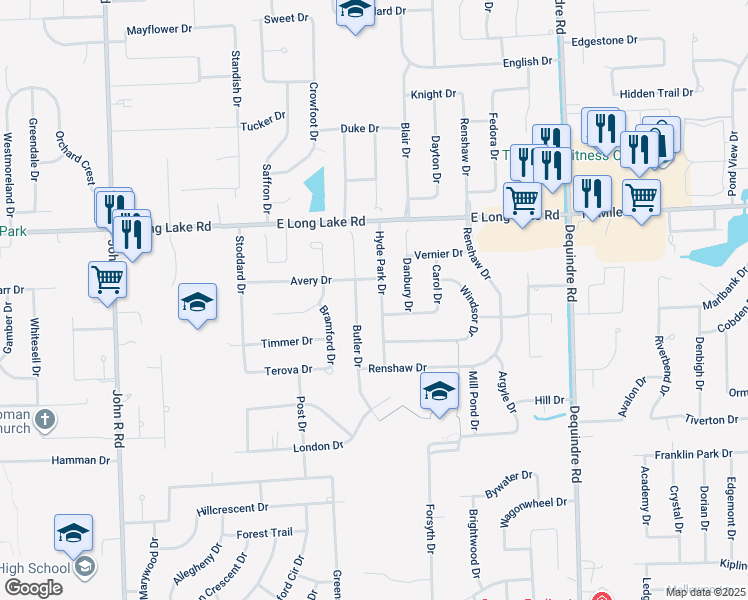 map of restaurants, bars, coffee shops, grocery stores, and more near 4914 Butler Drive in Troy