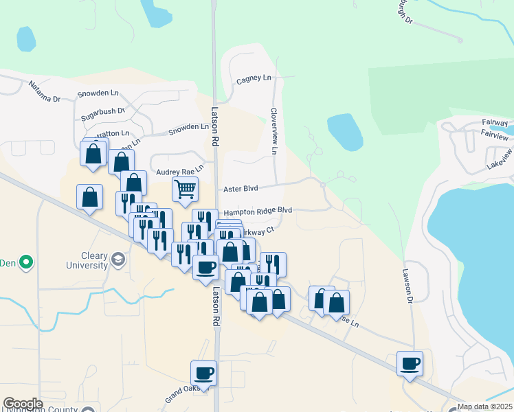 map of restaurants, bars, coffee shops, grocery stores, and more near 4076 Aster Boulevard in Howell