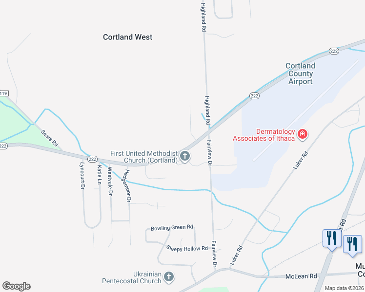 map of restaurants, bars, coffee shops, grocery stores, and more near 3811 Valley View Drive in Cortland