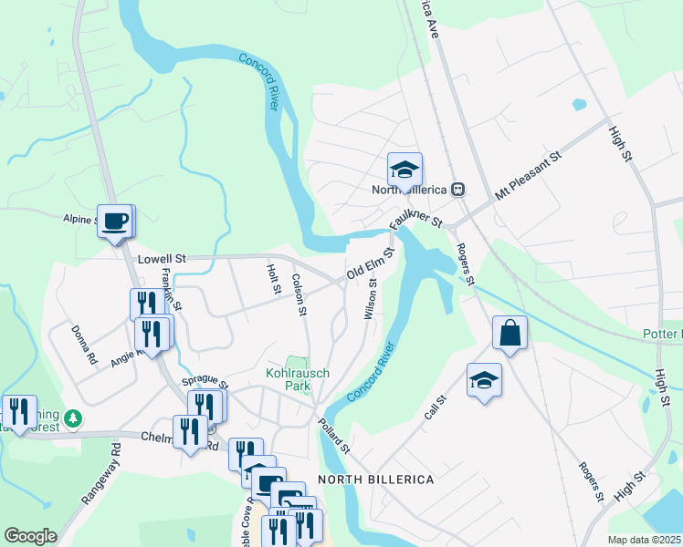 map of restaurants, bars, coffee shops, grocery stores, and more near 1 Old Elm Street in Billerica