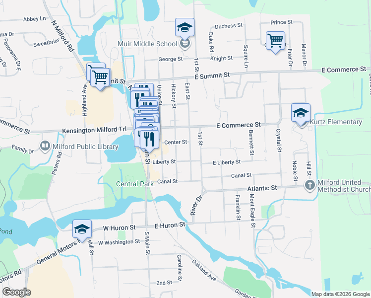 map of restaurants, bars, coffee shops, grocery stores, and more near 410 East Street in Milford Charter Township