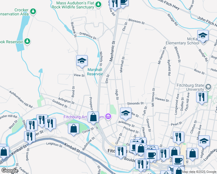 map of restaurants, bars, coffee shops, grocery stores, and more near 3 Johnson Street in Fitchburg