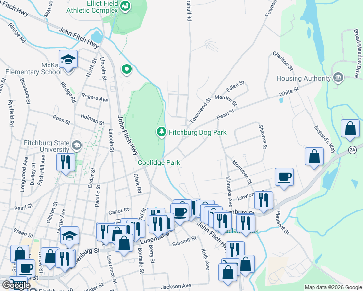 map of restaurants, bars, coffee shops, grocery stores, and more near 280 Townsend Street in Fitchburg