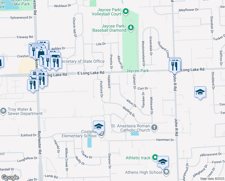 map of restaurants, bars, coffee shops, grocery stores, and more near 4916 Hubbard Drive in Troy