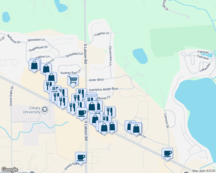 map of restaurants, bars, coffee shops, grocery stores, and more near 4148 Aster Boulevard in Howell