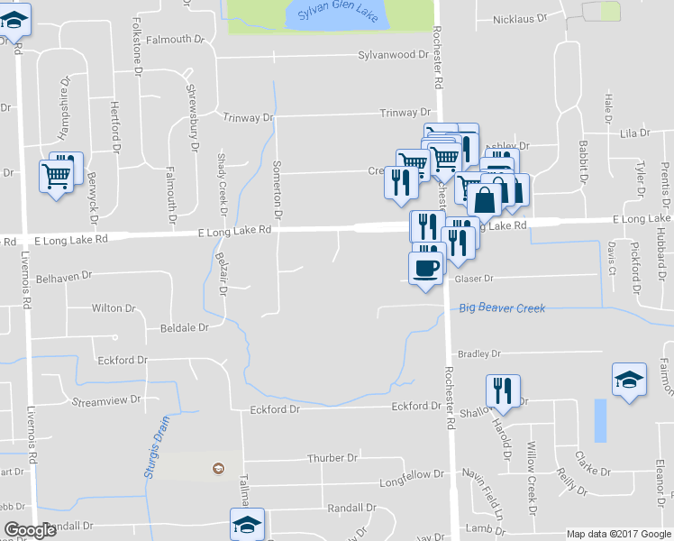 map of restaurants, bars, coffee shops, grocery stores, and more near 4896 River Bank Court in Troy
