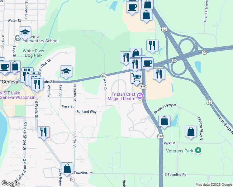 map of restaurants, bars, coffee shops, grocery stores, and more near 3165 Lockwood Boulevard in Lake Geneva
