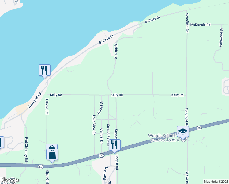 map of restaurants, bars, coffee shops, grocery stores, and more near N2706 Walden Lane in Lake Geneva