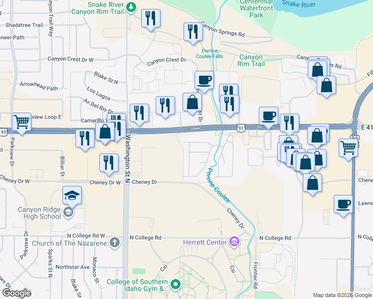 map of restaurants, bars, coffee shops, grocery stores, and more near 450 Pole Line Road East in Twin Falls