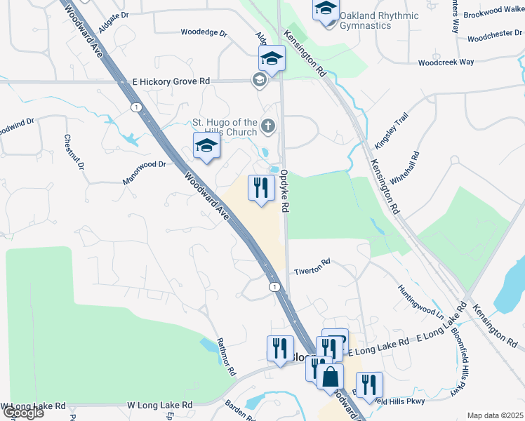 map of restaurants, bars, coffee shops, grocery stores, and more near 41000 Woodward Avenue in Bloomfield Hills