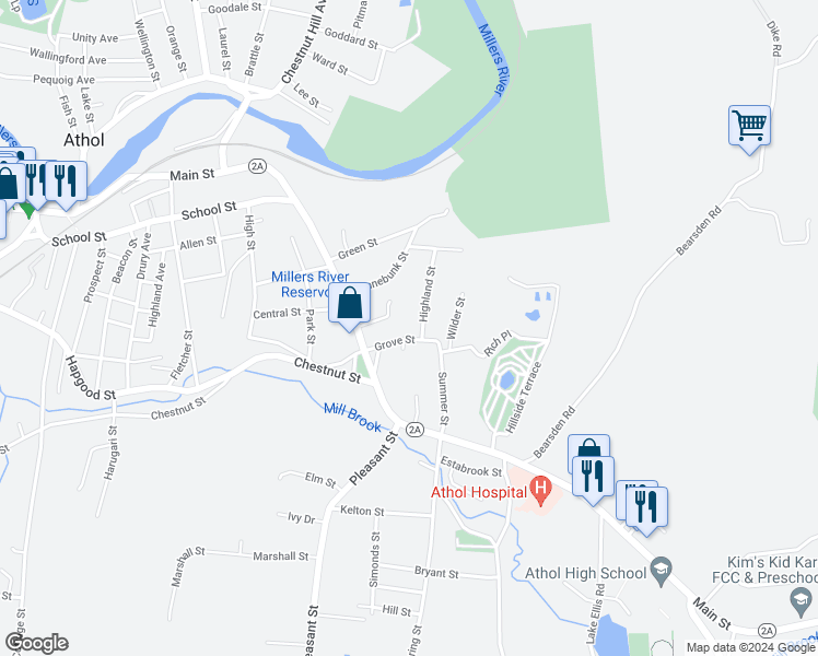 map of restaurants, bars, coffee shops, grocery stores, and more near 69 Auburn Place in Athol