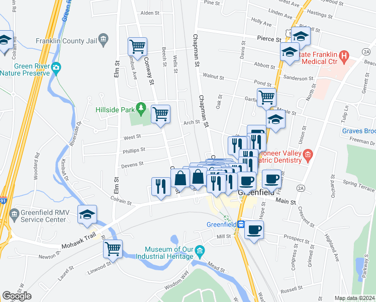 map of restaurants, bars, coffee shops, grocery stores, and more near 6 Arch Street in Greenfield