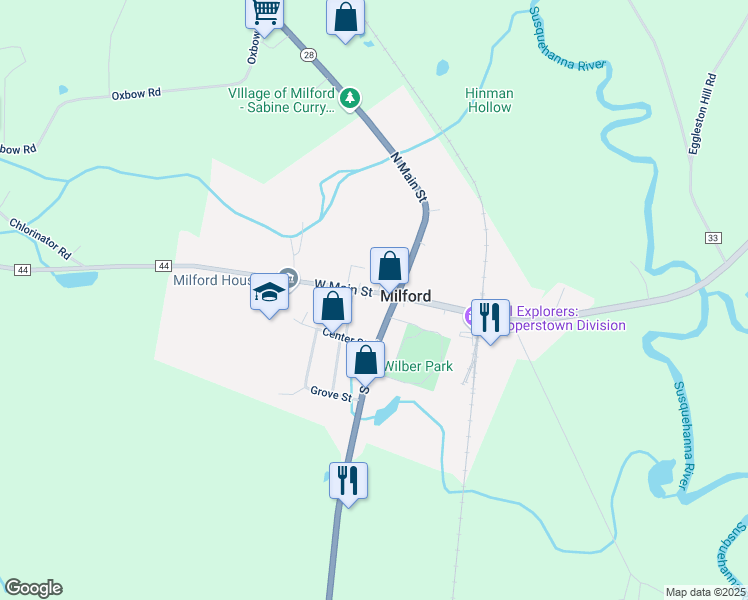 map of restaurants, bars, coffee shops, grocery stores, and more near 89 West Main Street in Milford