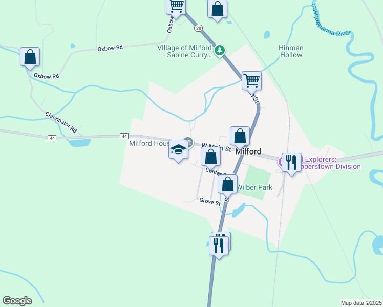 map of restaurants, bars, coffee shops, grocery stores, and more near 59 West Main Street in Milford