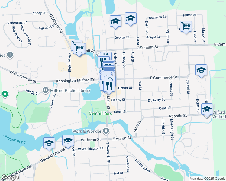 map of restaurants, bars, coffee shops, grocery stores, and more near in Milford