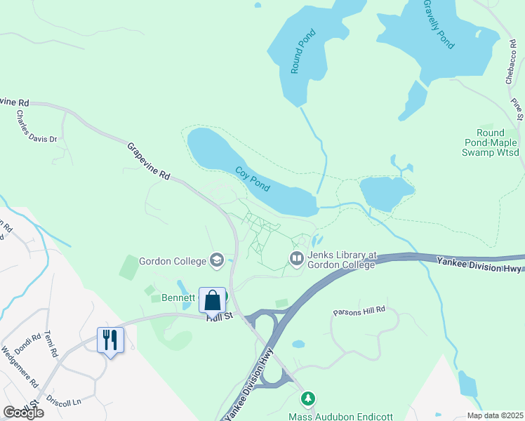 map of restaurants, bars, coffee shops, grocery stores, and more near 255 Grapevine Road in Wenham