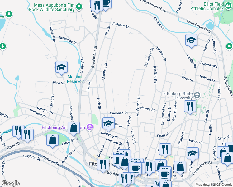 map of restaurants, bars, coffee shops, grocery stores, and more near 43 Nutting Street in Fitchburg