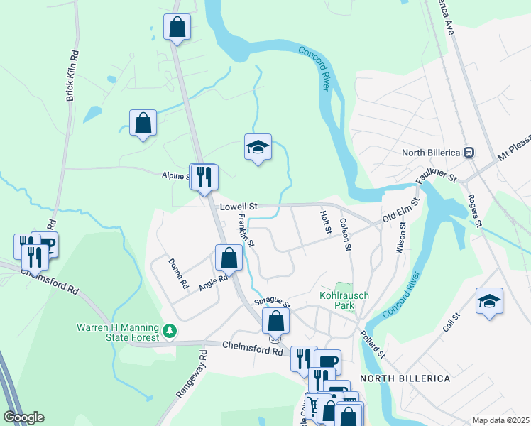 map of restaurants, bars, coffee shops, grocery stores, and more near 38 Lowell Street in Billerica