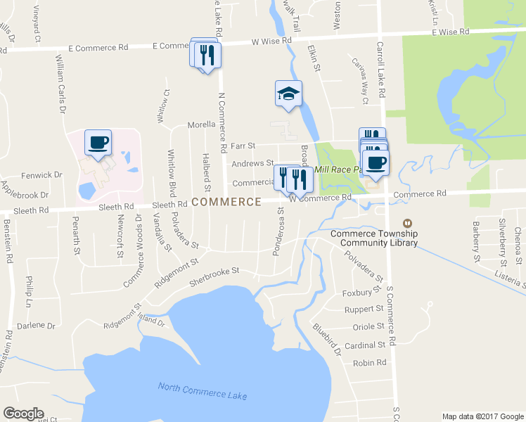 map of restaurants, bars, coffee shops, grocery stores, and more near 623 West Commerce Road in Commerce Charter Township