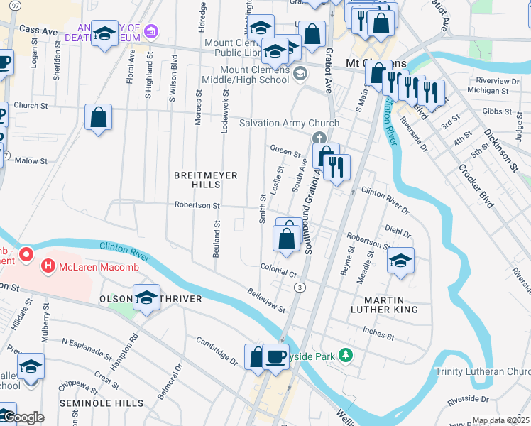 map of restaurants, bars, coffee shops, grocery stores, and more near 185 Robertson Street in Mount Clemens