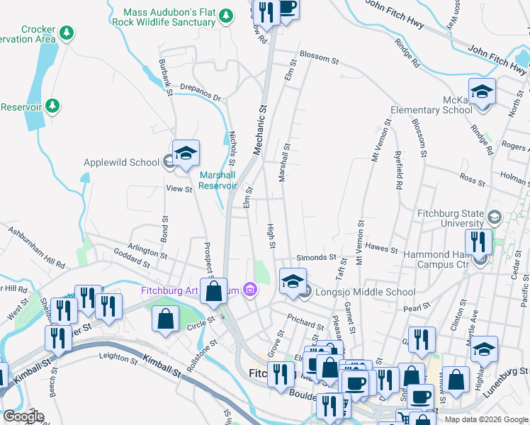 map of restaurants, bars, coffee shops, grocery stores, and more near 3 Johnson Street in Fitchburg