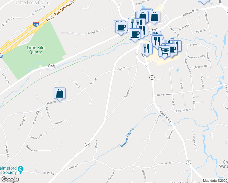 map of restaurants, bars, coffee shops, grocery stores, and more near 71 Acton Road in Chelmsford