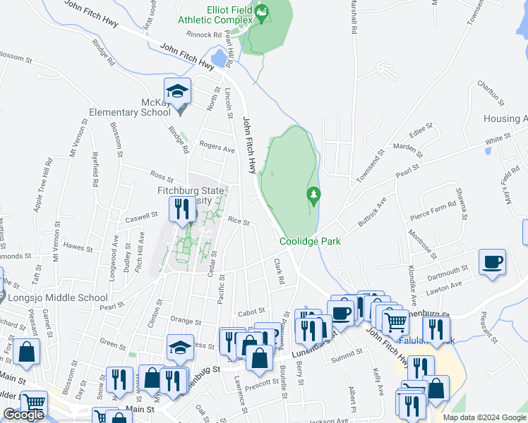 map of restaurants, bars, coffee shops, grocery stores, and more near 855 John Fitch Highway in Fitchburg