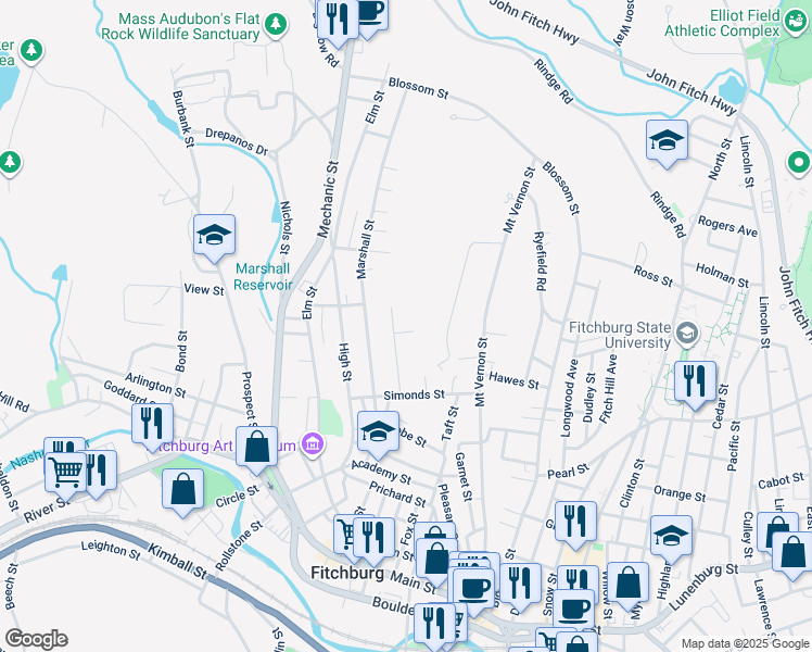 map of restaurants, bars, coffee shops, grocery stores, and more near 43 Nutting Street in Fitchburg