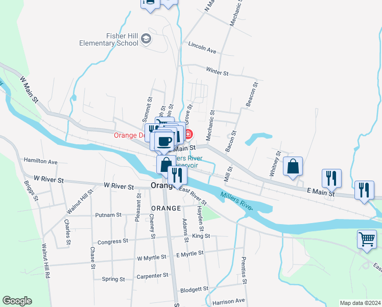 map of restaurants, bars, coffee shops, grocery stores, and more near in Orange