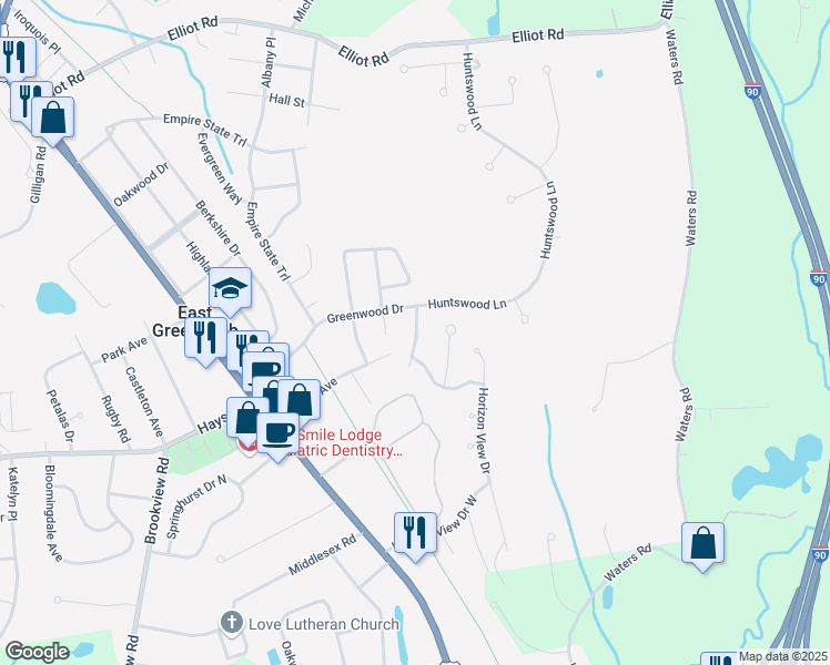 map of restaurants, bars, coffee shops, grocery stores, and more near 110 Horizion View Drive in East Greenbush