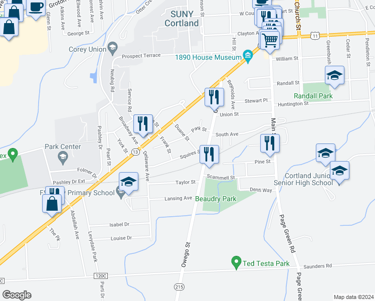 map of restaurants, bars, coffee shops, grocery stores, and more near 23 Park Street in Cortland