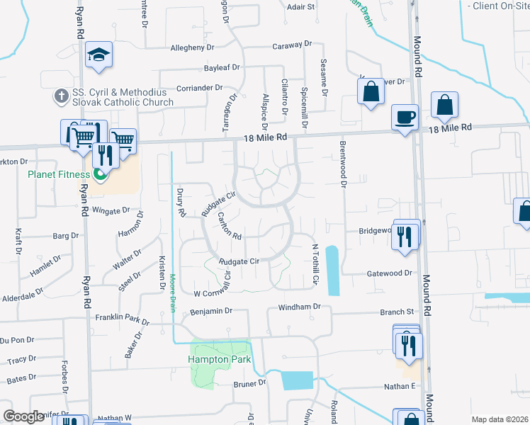 map of restaurants, bars, coffee shops, grocery stores, and more near 4942 Rudgate Boulevard in Sterling Heights