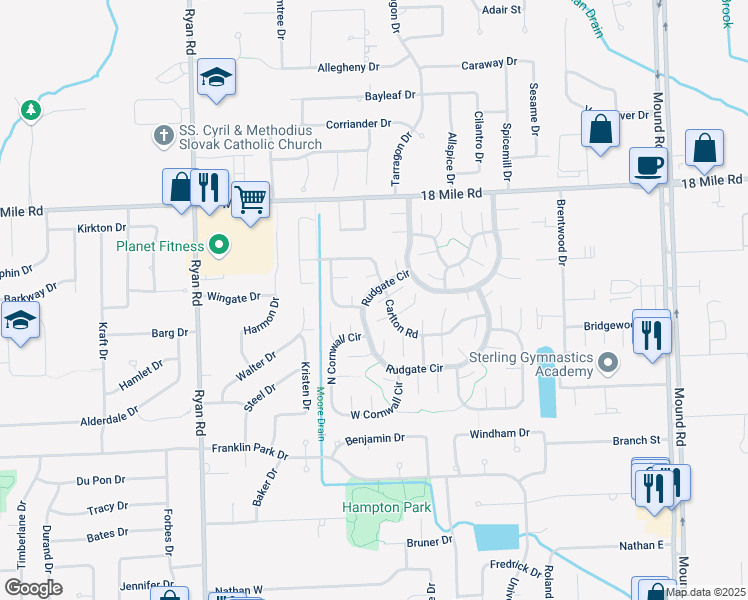 map of restaurants, bars, coffee shops, grocery stores, and more near 4613 Carlton Road in Sterling Heights