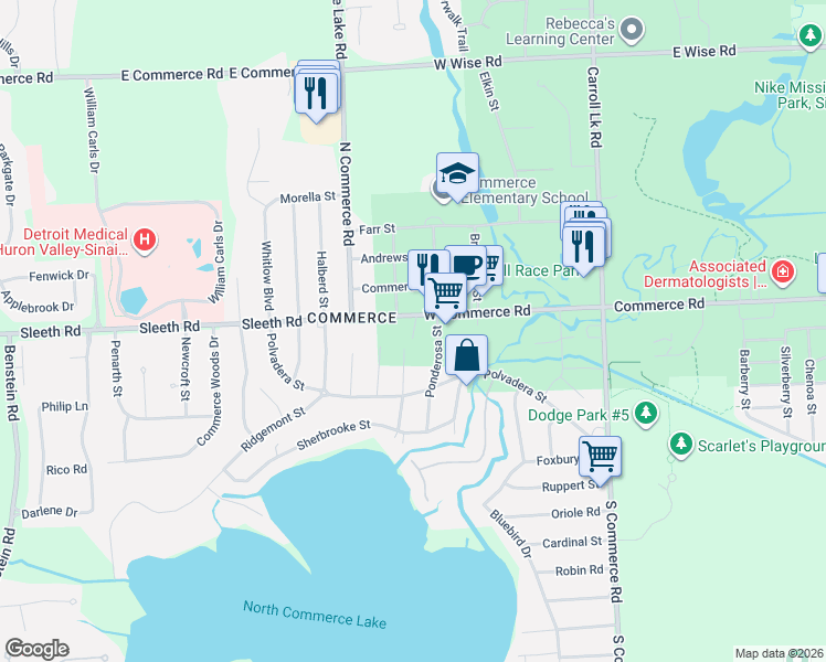 map of restaurants, bars, coffee shops, grocery stores, and more near 623 West Commerce Road in Commerce Charter Township
