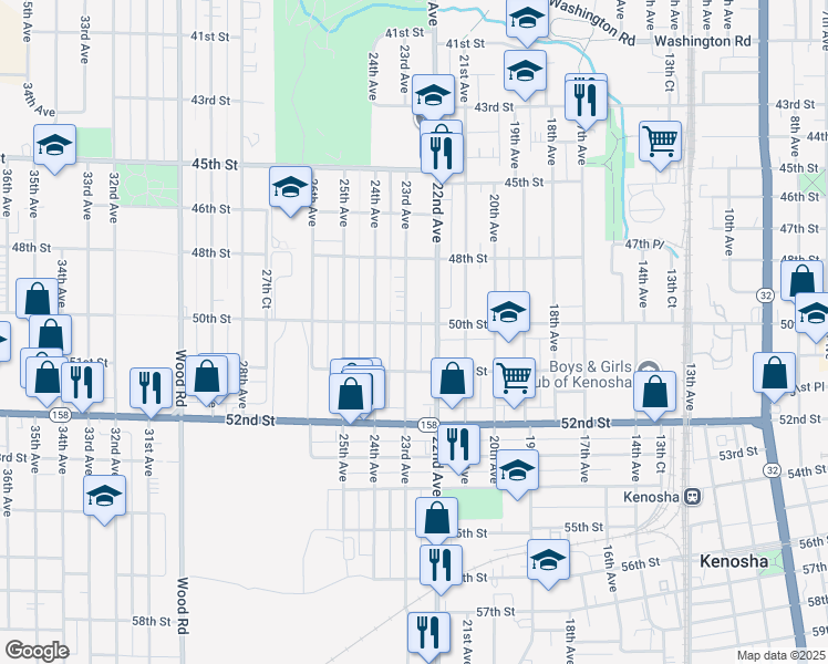 map of restaurants, bars, coffee shops, grocery stores, and more near 4916 23rd Avenue in Kenosha