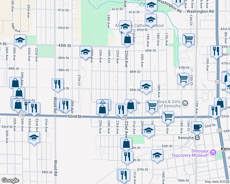 map of restaurants, bars, coffee shops, grocery stores, and more near 4916 23rd Avenue in Kenosha
