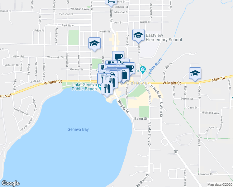 map of restaurants, bars, coffee shops, grocery stores, and more near 120 Broad Street in Lake Geneva